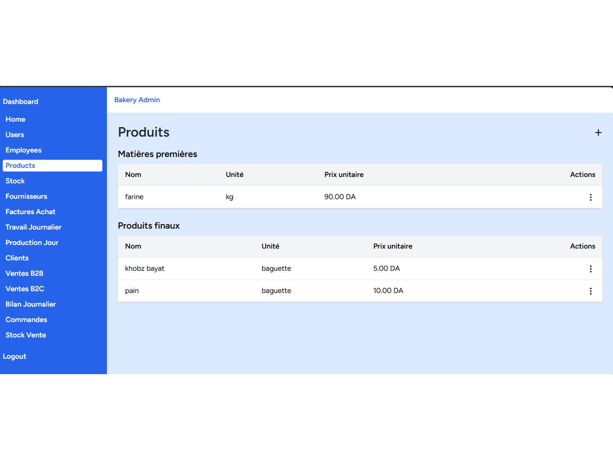 Aperçu du système de gestion de boulangerie — capture 1